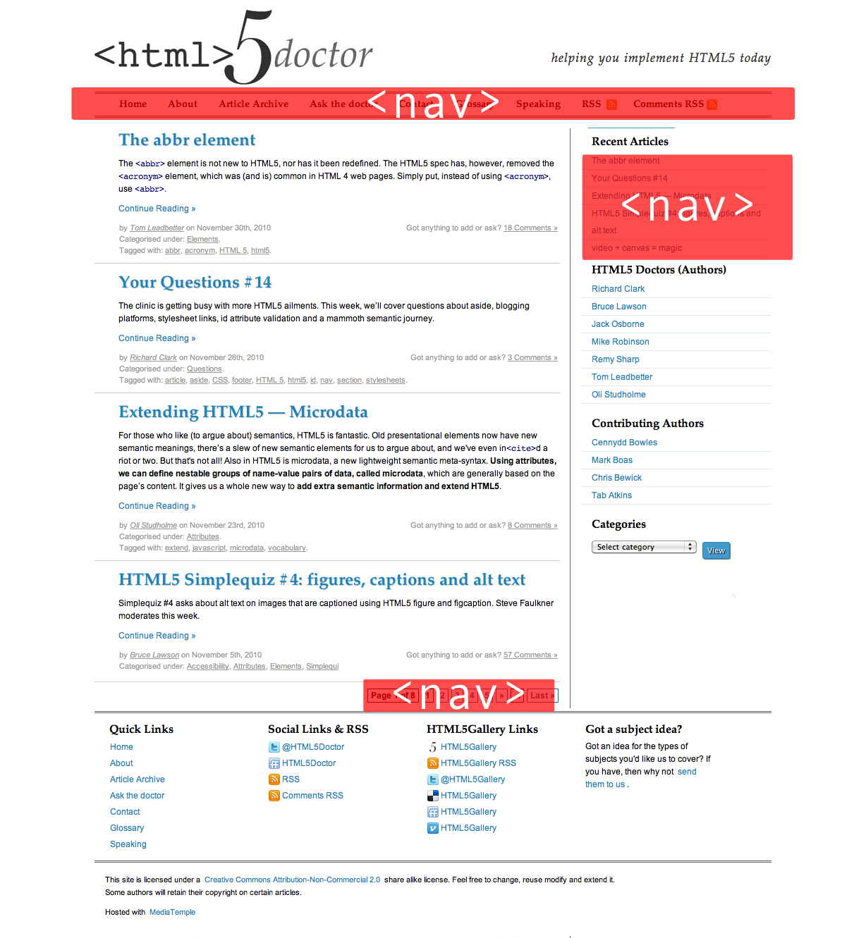 Captura de pantalla del blog de HTML5 doctor con el nav destacado