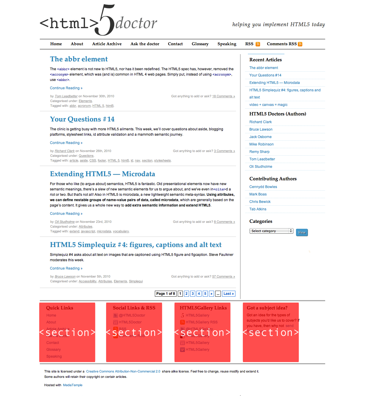 Captura de pantalla del blog de HTML5 doctor con el section destacado
